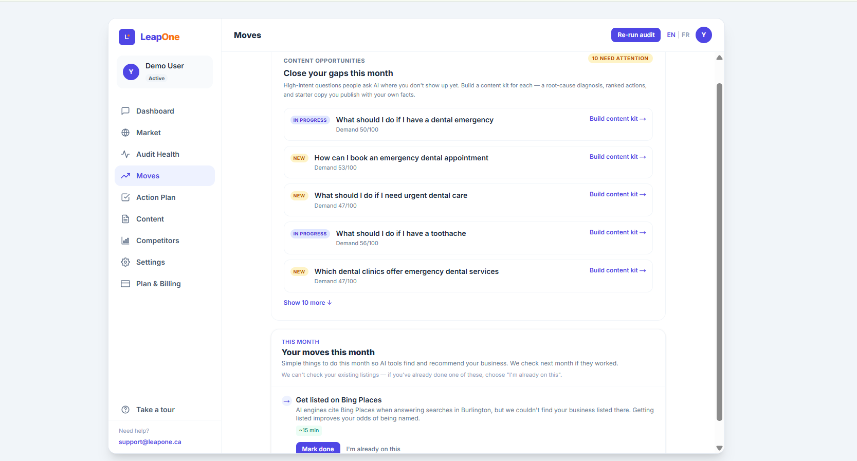 Moves — close-your-gaps content opportunities + this month’s quick wins