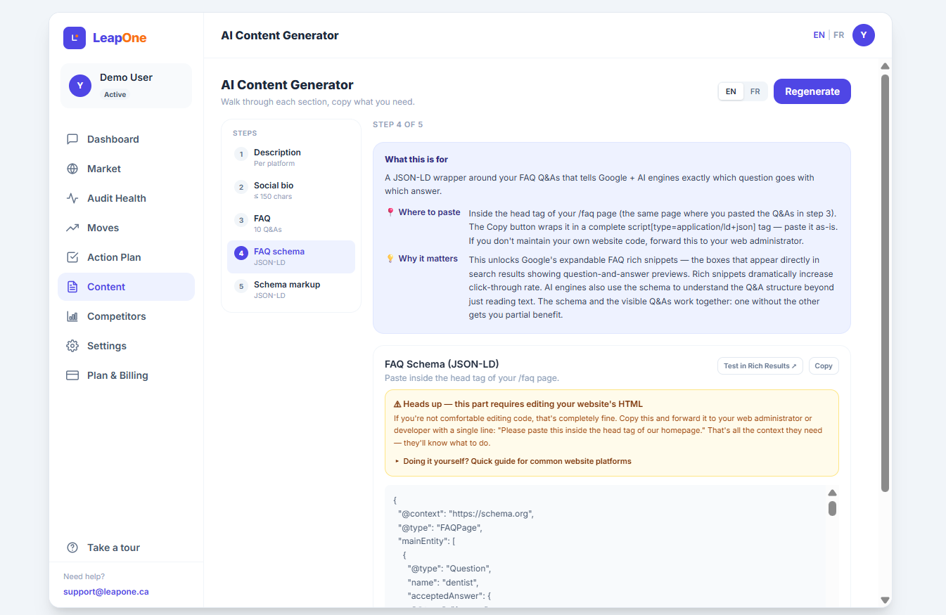 It even outputs the FAQ & LocalBusiness schema (JSON-LD) AI reads — no code skills needed